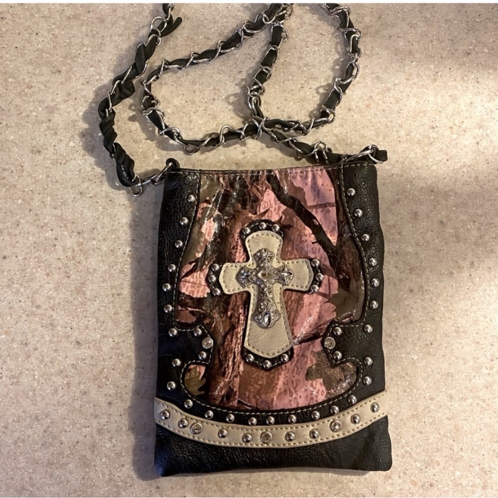 Gorgeous Rustic Couture Studded Crossbody Bag with Cross Design - Black and Pink